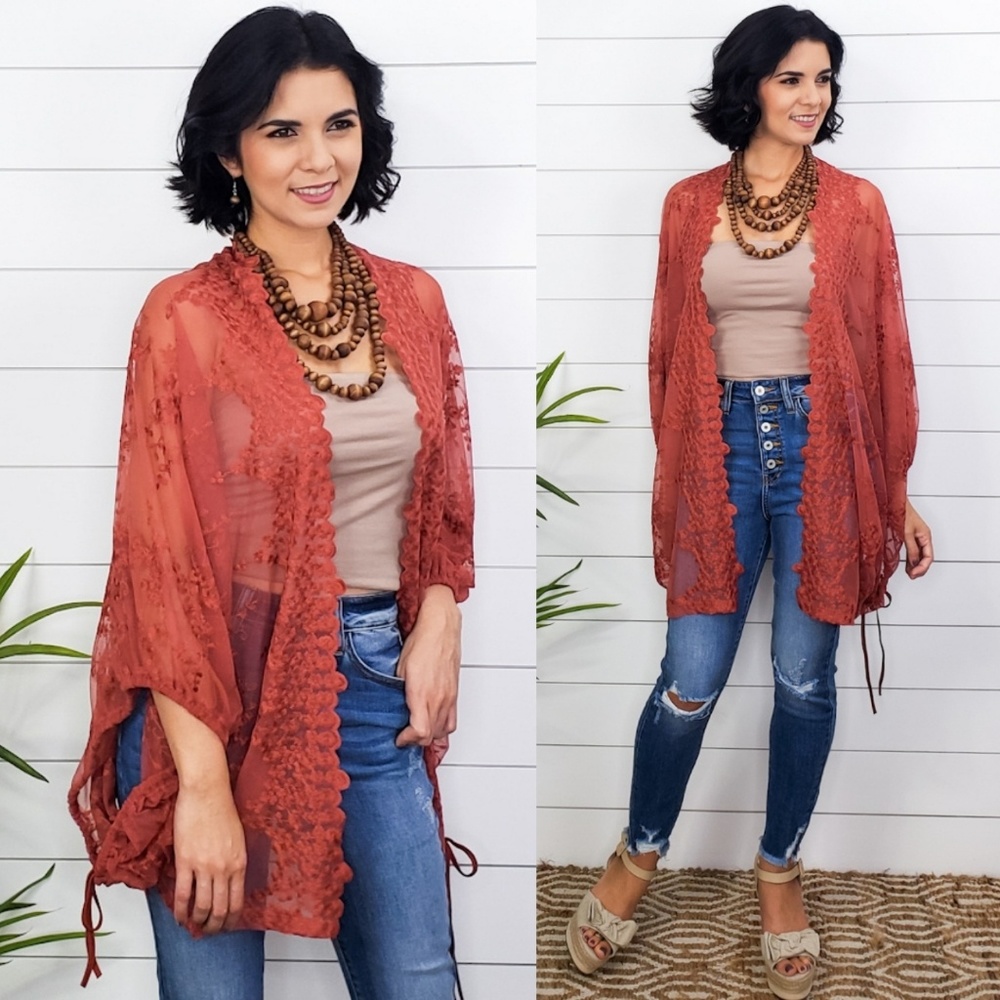 Orchid Lace Kimono Top- Rust
